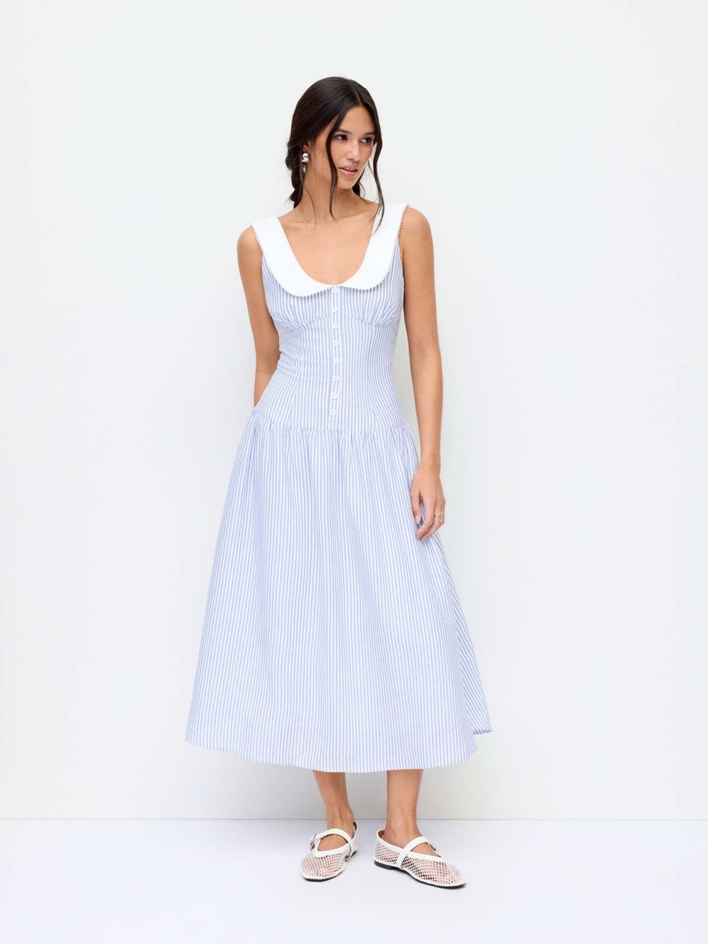 Blue and White Striped Midi Dress with White Collar
